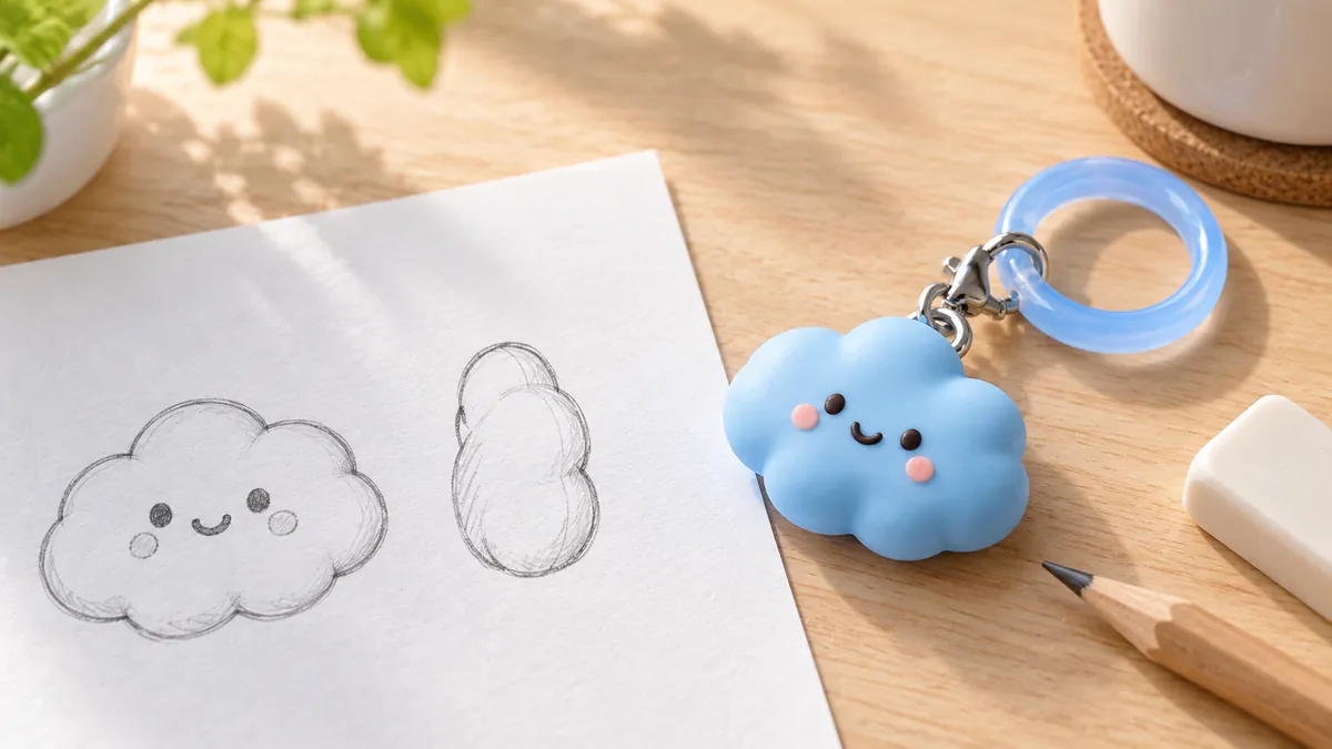 雲のキャラクターの正面と側面のラフスケッチと、完成した立体チャーム